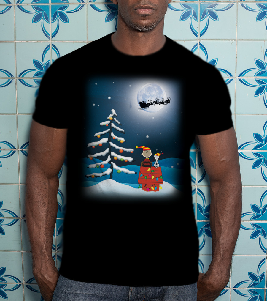 Noel Night Snoopy Peanuts Movie Christmas Scene Santa Sleigh Winter Tree With Lights T-Shirt