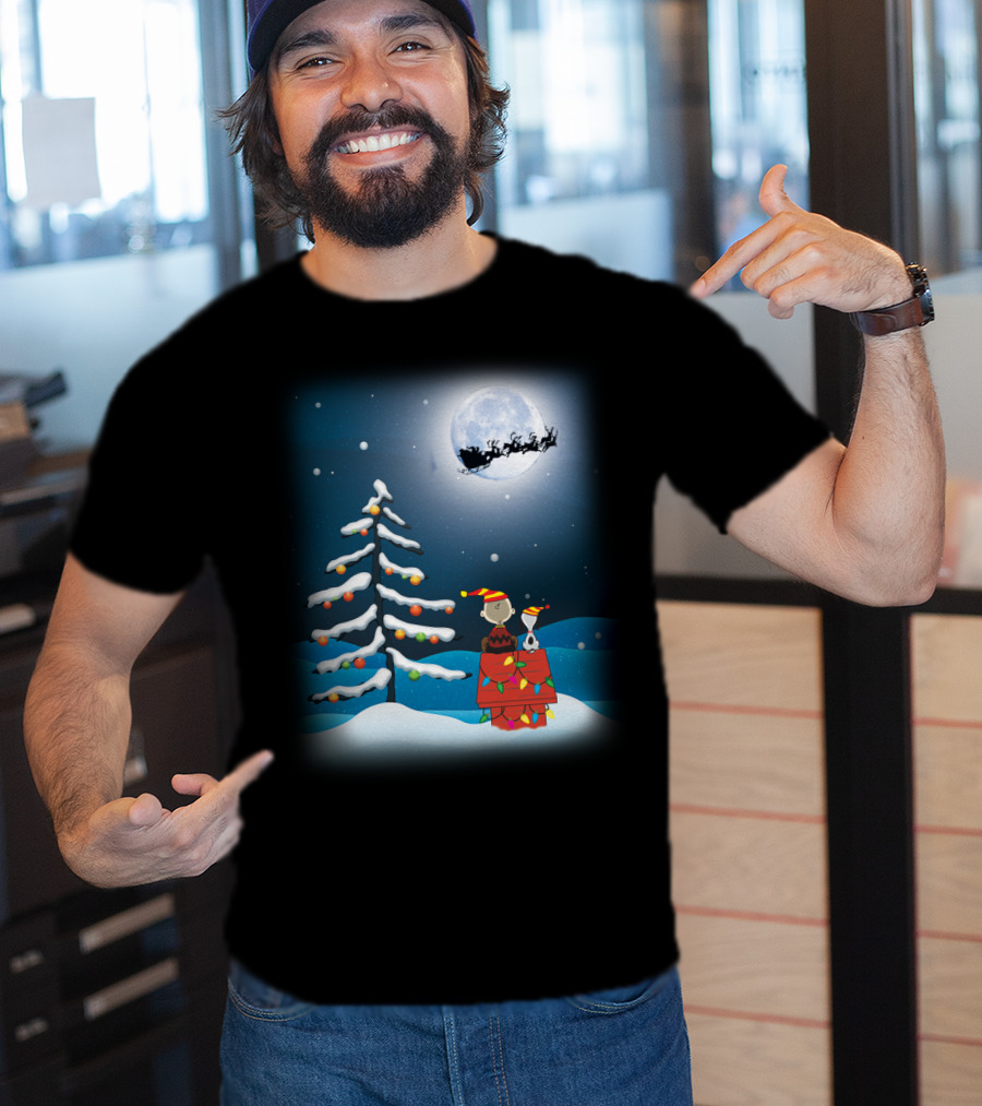 Noel Night Snoopy Peanuts Movie Christmas Scene Santa Sleigh Winter Tree With Lights T-Shirt