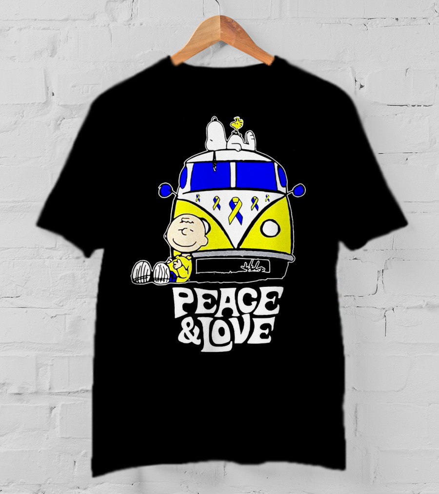 Peace And Love Snoopy Woodstock Yellow Ribbon Van Peanuts Cancer Warrior T-Shirt
