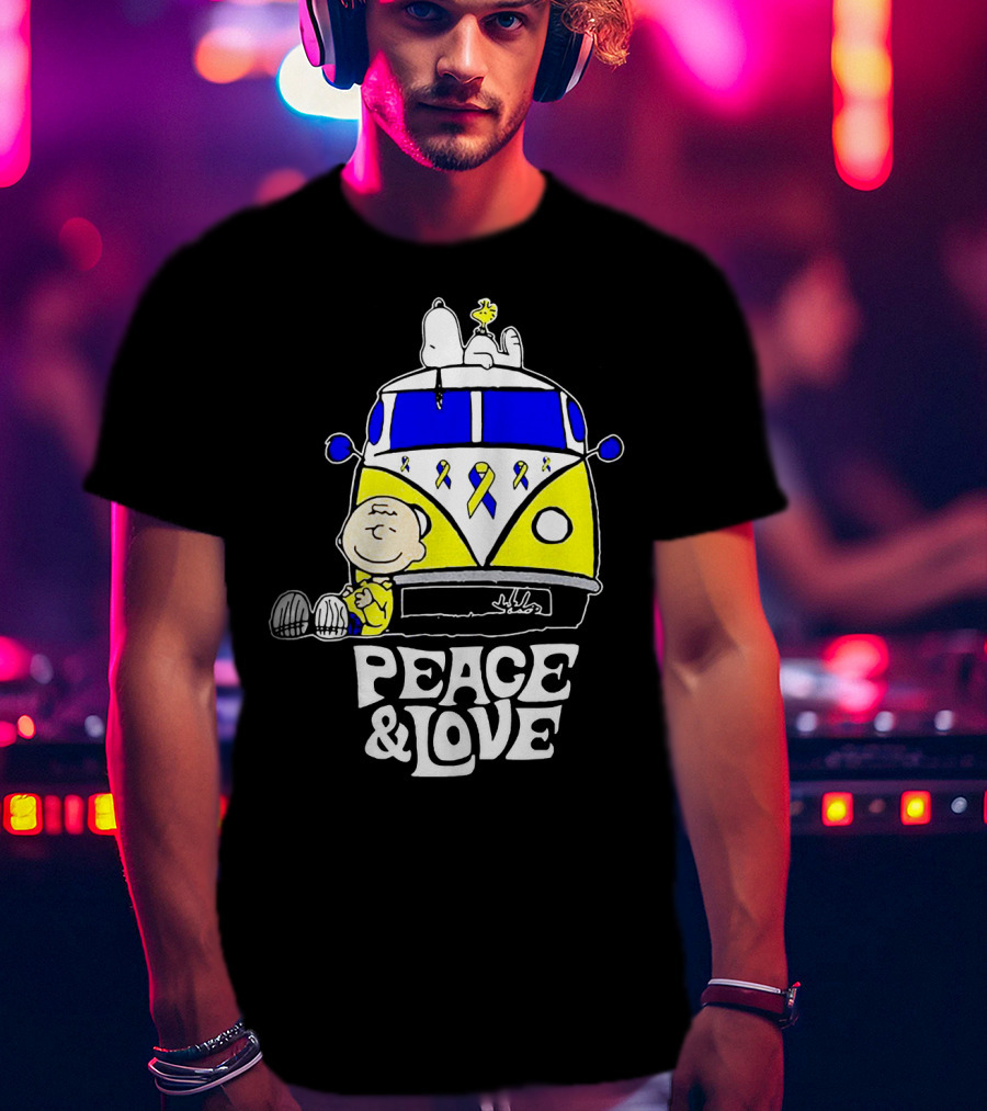 Peace And Love Snoopy Woodstock Yellow Ribbon Van Peanuts Cancer Warrior T-Shirt