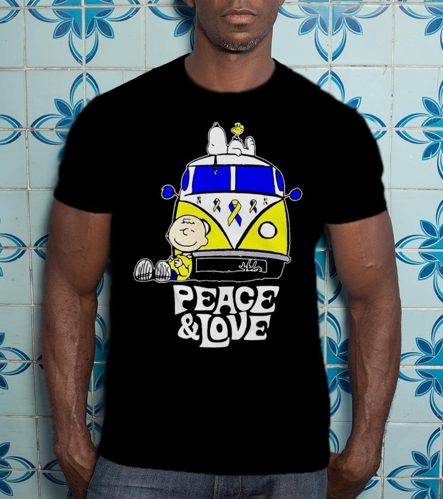 Peace And Love Snoopy Woodstock Yellow Ribbon Van Peanuts Cancer Warrior T-Shirt