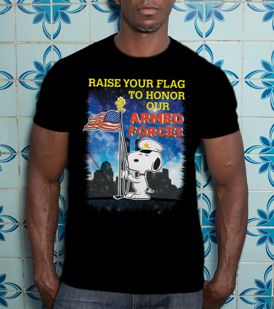 Raise Your Flag To Honor Our Armed Forces With Snoopy From The Peanuts Movie T-Shirt