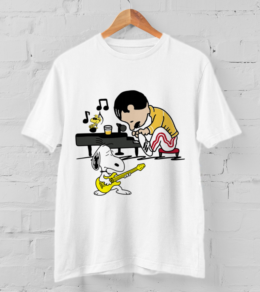 Freddie Mercury Playing Piano With Snoopy Guitar Peanuts Movie Scene T-Shirt