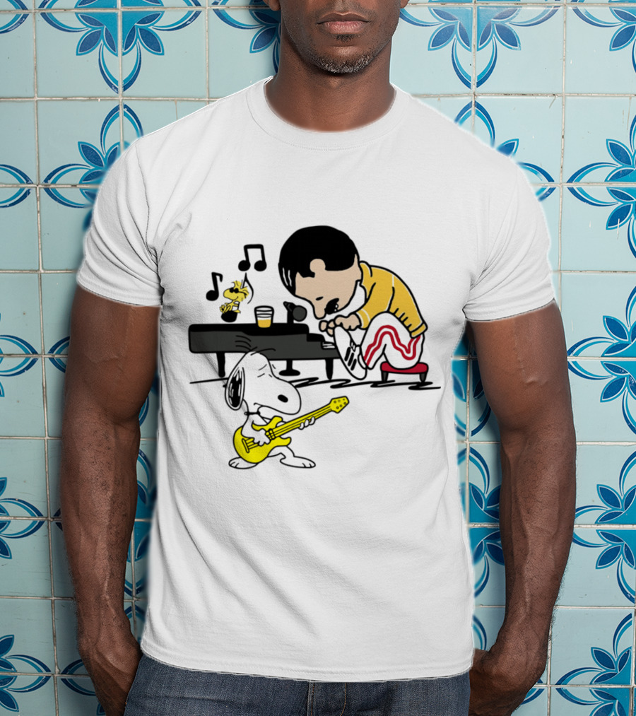 Freddie Mercury Playing Piano With Snoopy Guitar Peanuts Movie Scene T-Shirt