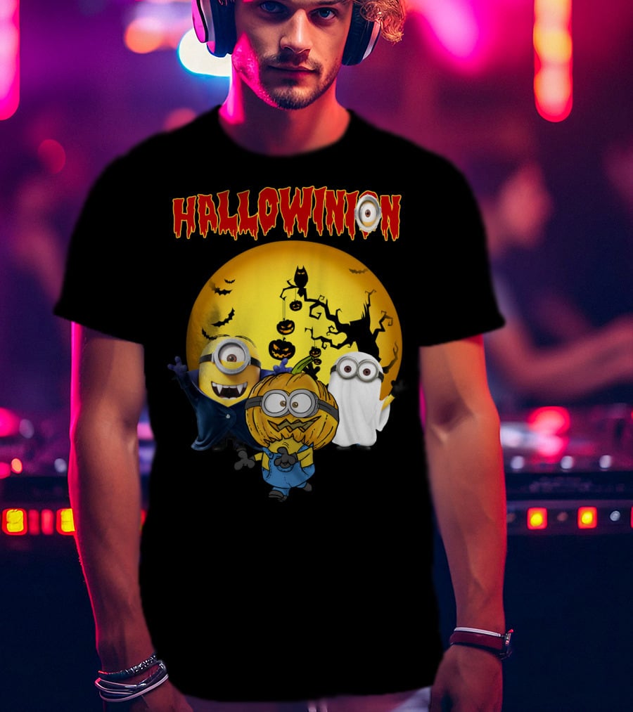 Hallowinion Halloween Minions Despicable Me Moon Bats Pumpkins Ghost Costume T-Shirt