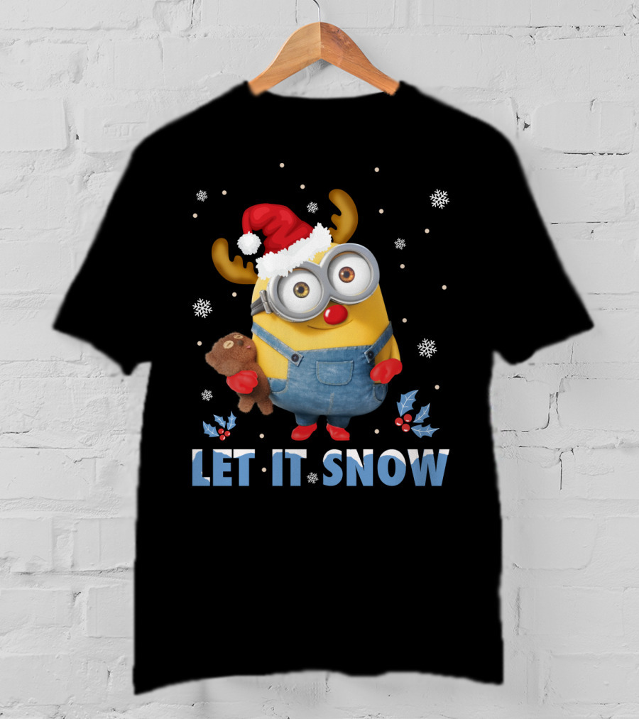 Let It Snow Xmas Minions Despicable Me Santa Hat Reindeer Antlers Toy T-Shirt