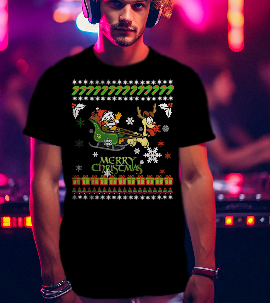 Merry Christmas Garfield Santa Sleigh With Reindeer Odie Snowflakes And Holly T-Shirt