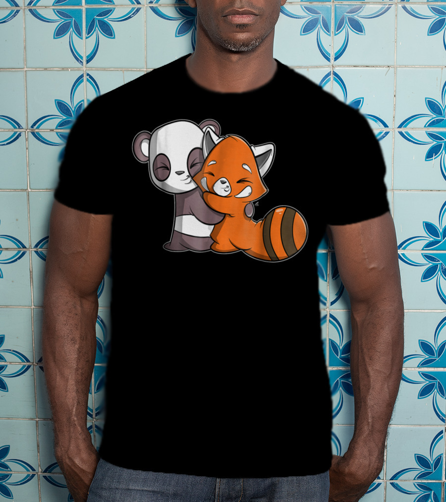 Cute Kawaii Panda Embrace Red Panda Hugging Adorable Friends T-Shirt