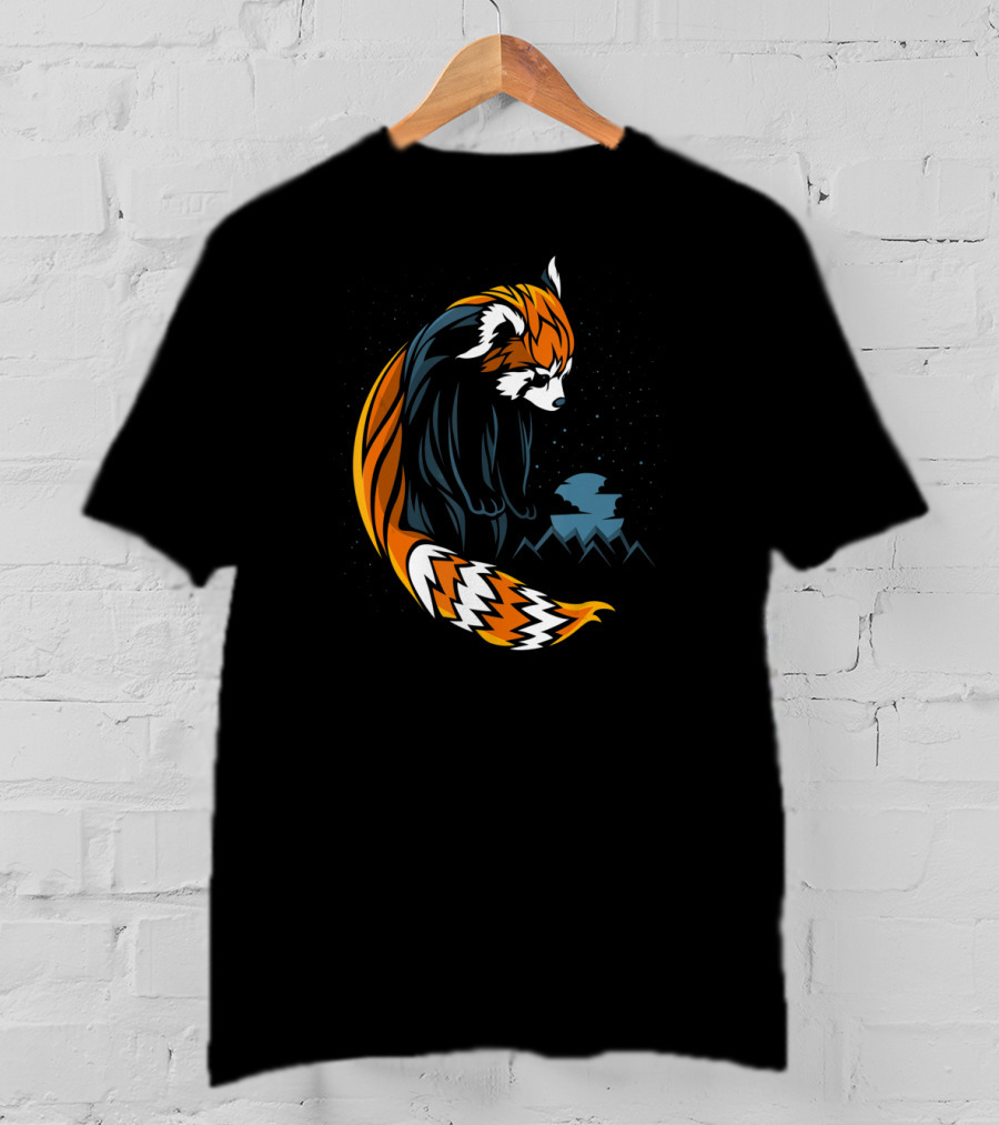 Red Panda Tattoo Style With Mountains And Night Sky T-Shirt