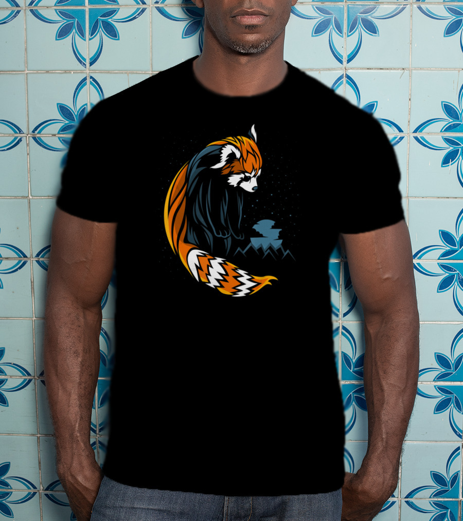 Red Panda Tattoo Style With Mountains And Night Sky T-Shirt