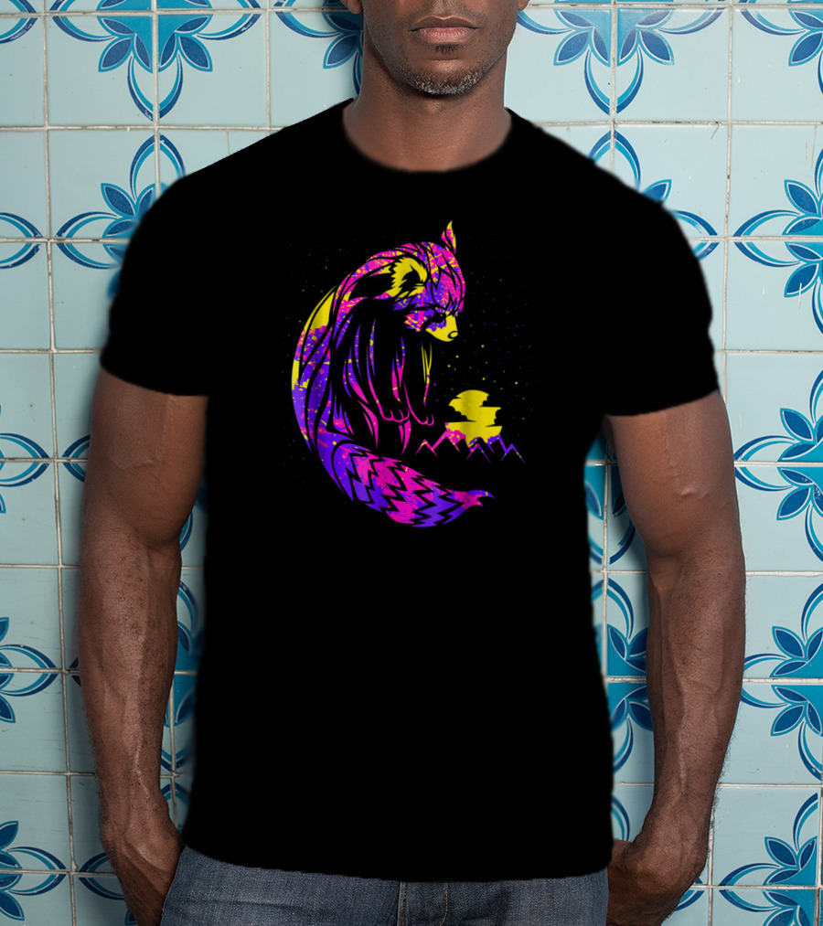 Red Panda Tribal Neon Night Mountains T-Shirt