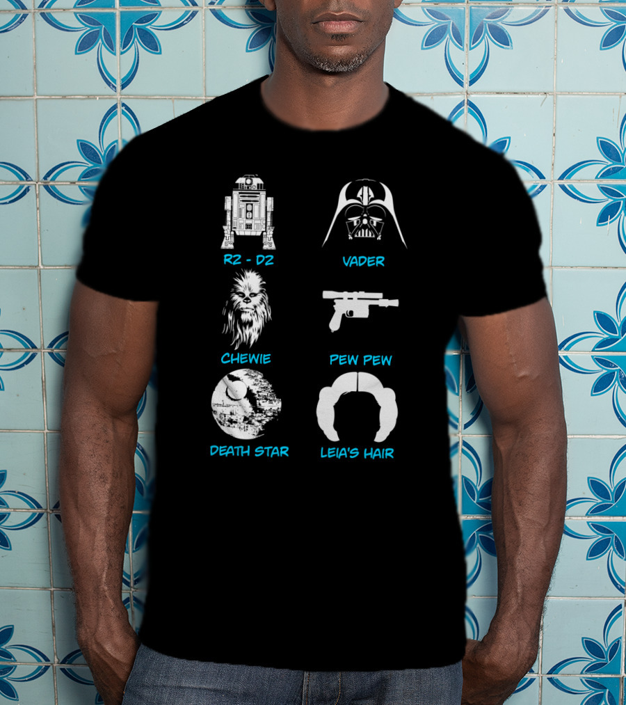 R2-D2 Darth Vader Chewie Pew Pew Death Star Leia's Hair T-Shirt