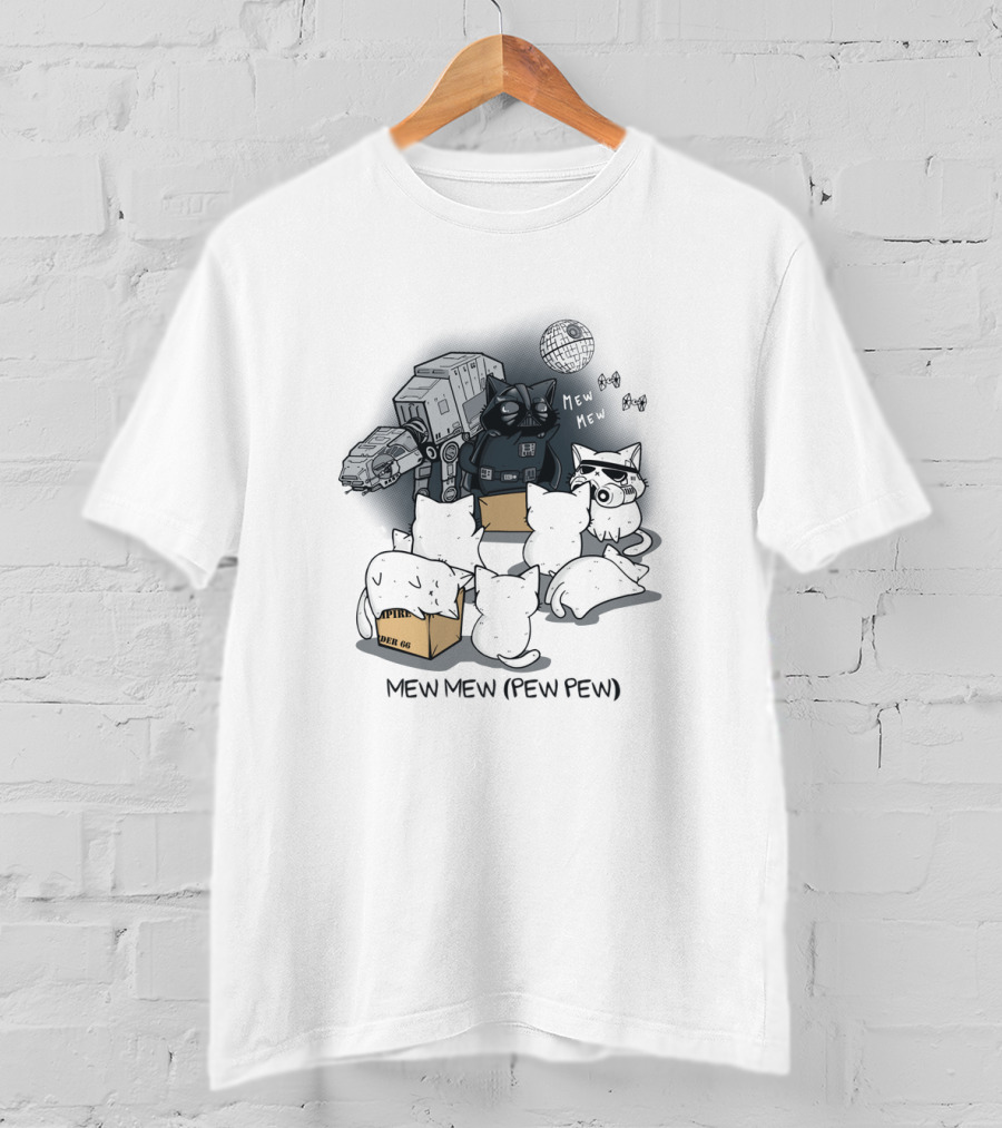 Mew Mew Pew Pew Cat Darth Vader Star Wars Kittens With Death Star And Imperial Walker T-Shirt