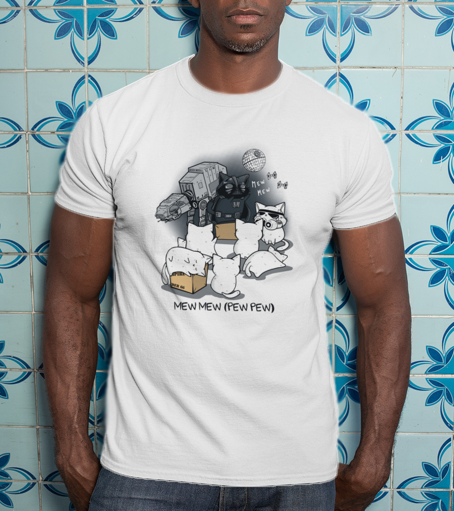 Mew Mew Pew Pew Cat Darth Vader Star Wars Kittens With Death Star And Imperial Walker T-Shirt