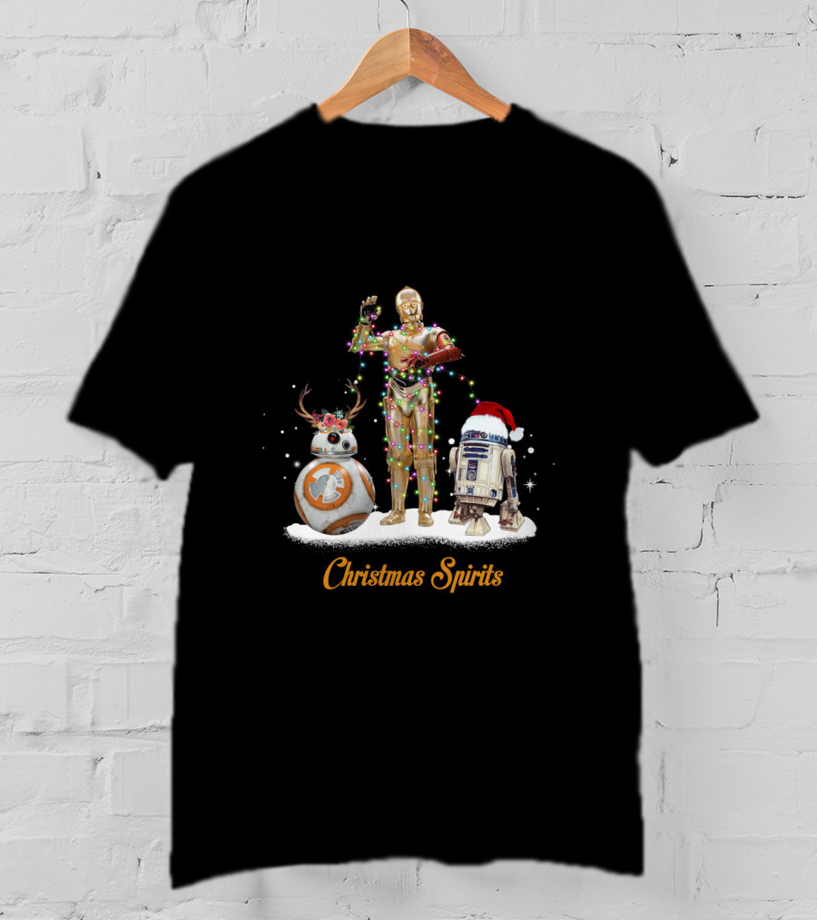 Christmas Spirits Droids Star Wars BB-8 C-3PO R2-D2 Holiday Lights Santa Hat T-Shirt