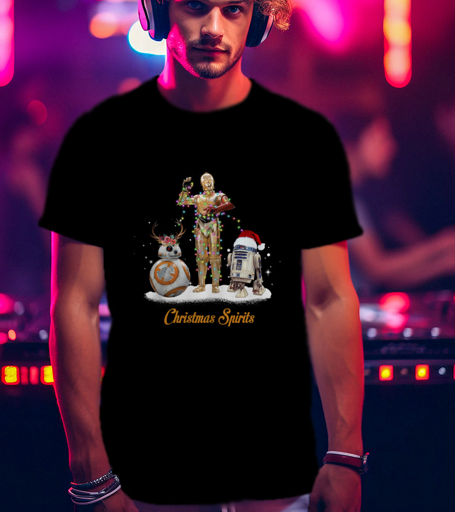 Christmas Spirits Droids Star Wars BB-8 C-3PO R2-D2 Holiday Lights Santa Hat T-Shirt
