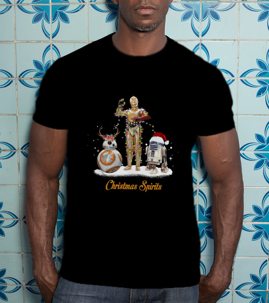 Christmas Spirits Droids Star Wars BB-8 C-3PO R2-D2 Holiday Lights Santa Hat T-Shirt