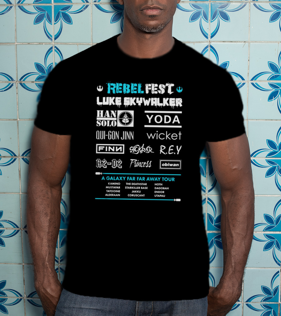 Rebel Fest Luke Skywalker Han Solo Yoda Qui-Gon Jinn Finn R2-D2 A Galaxy Far Far Away Tour T-Shirt