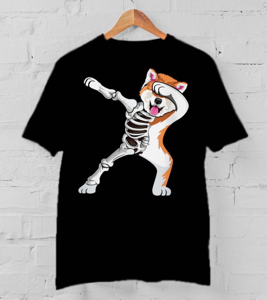 Akita Dog Skeleton Dabbing Halloween T-Shirt