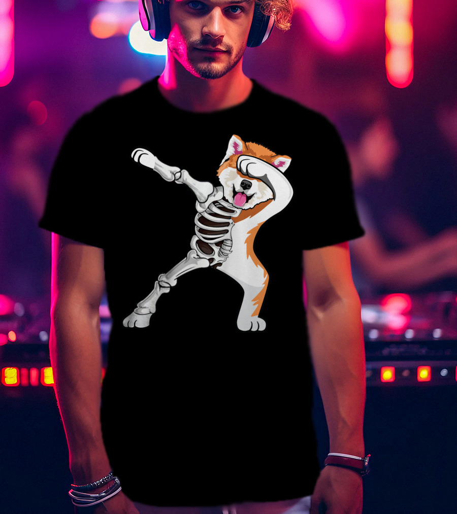 Akita Dog Skeleton Dabbing Halloween T-Shirt