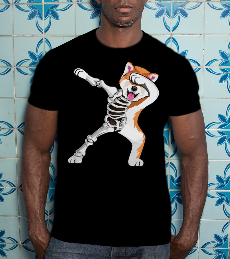 Akita Dog Skeleton Dabbing Halloween T-Shirt