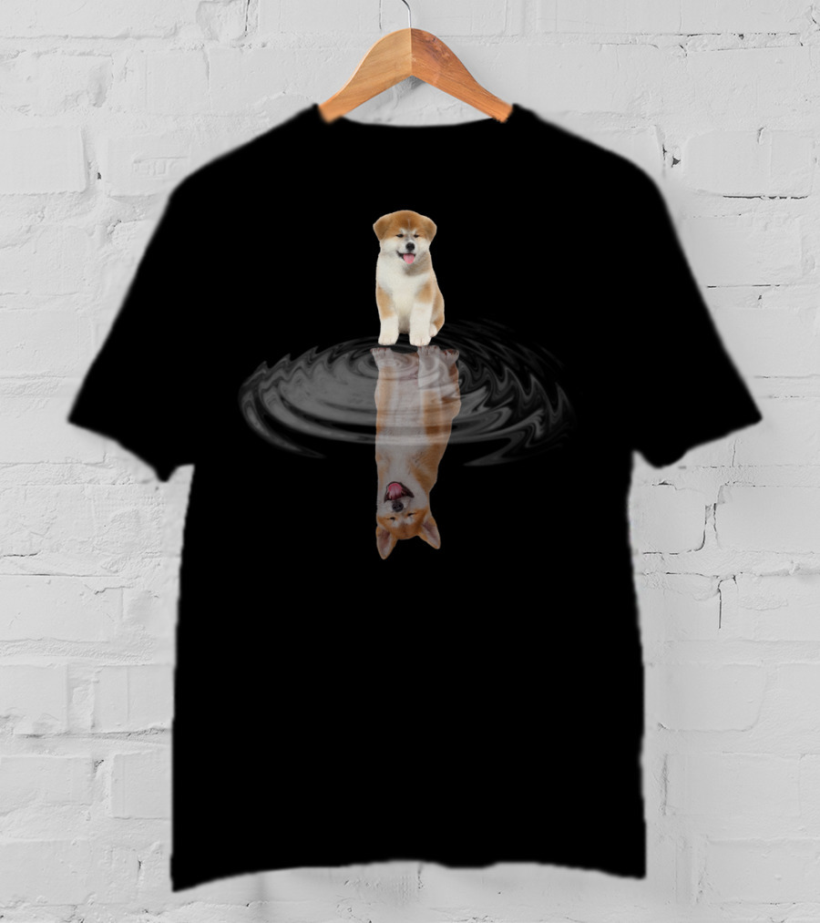 Akita Mirror Reflection With Puppy And Water Surface T-Shirt