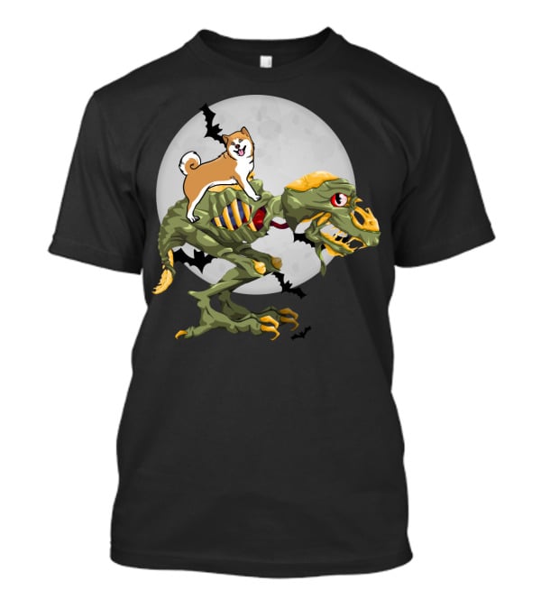 Akita Riding Dinosaur Skeleton Under Full Moon With Bats T-Shirt
