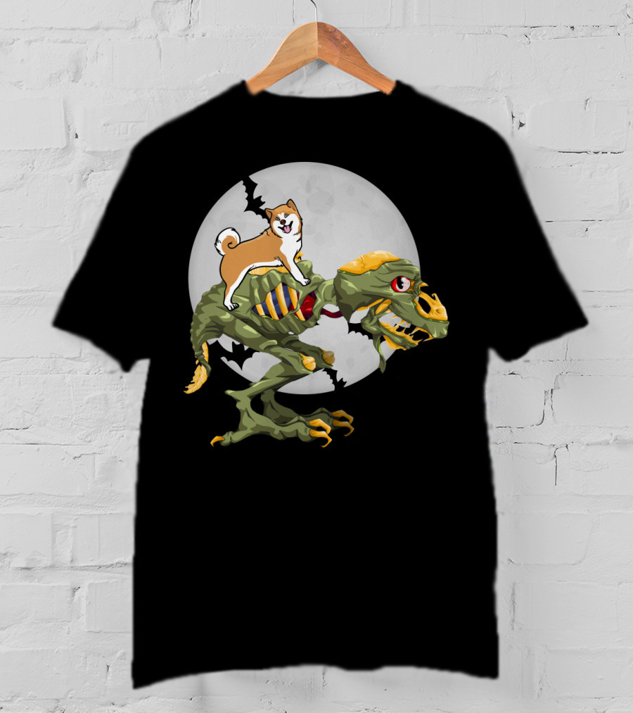 Akita Riding Dinosaur Skeleton Under Full Moon With Bats T-Shirt