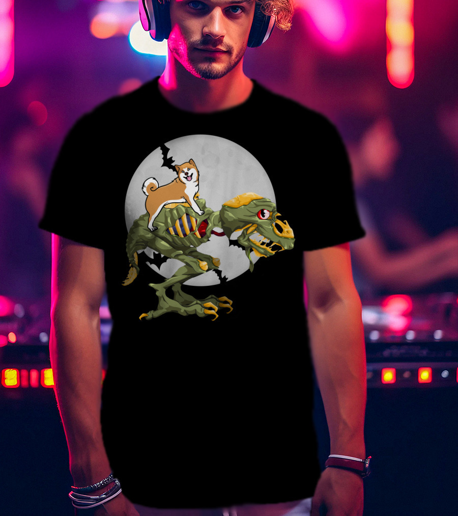 Akita Riding Dinosaur Skeleton Under Full Moon With Bats T-Shirt