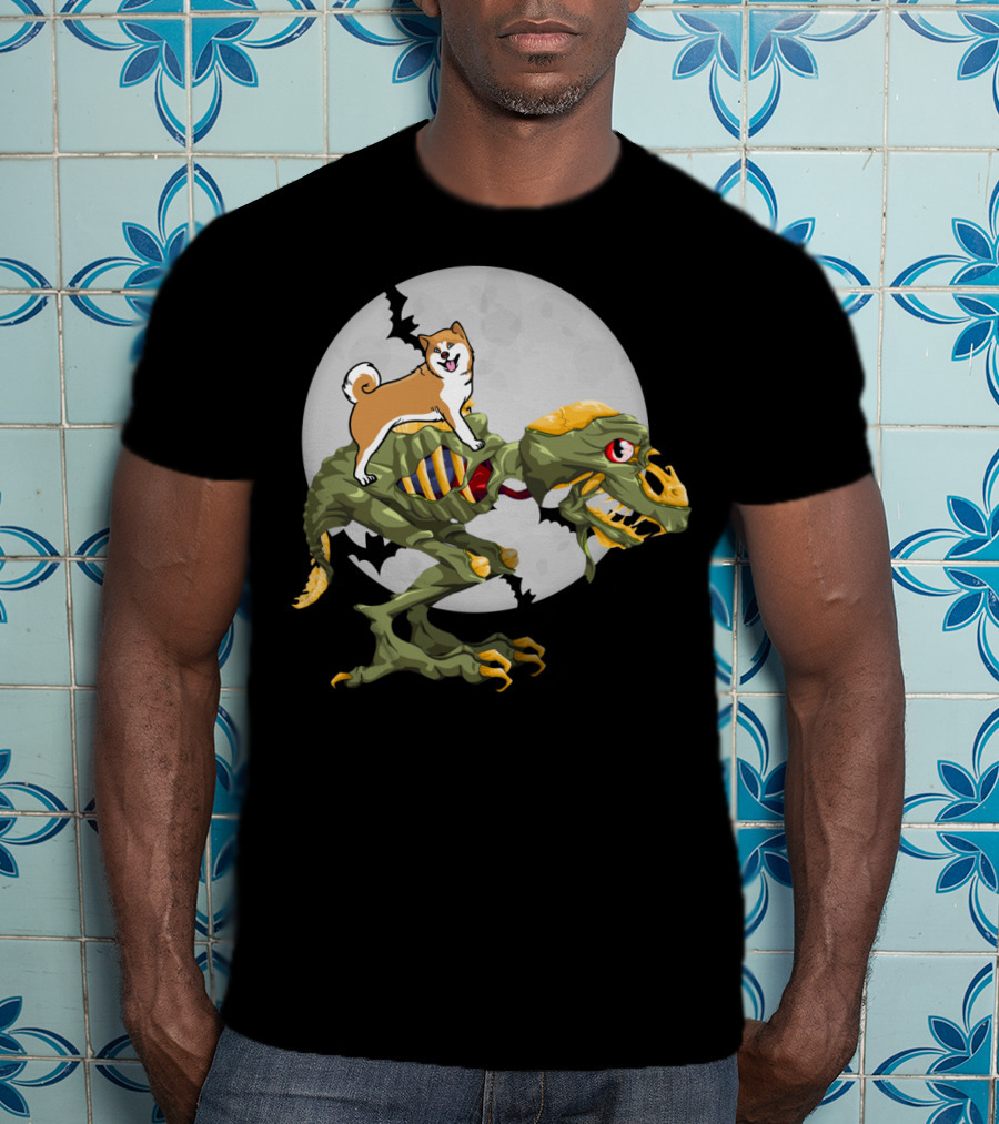 Akita Riding Dinosaur Skeleton Under Full Moon With Bats T-Shirt