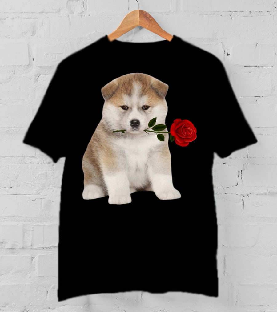 Akita Puppy Holding Red Rose T-Shirt