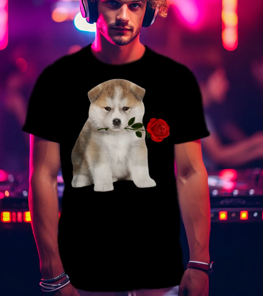 Akita Puppy Holding Red Rose T-Shirt