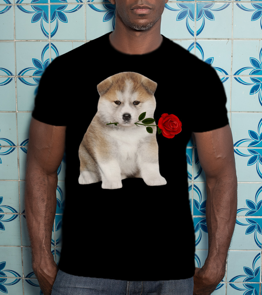 Akita Puppy Holding Red Rose T-Shirt