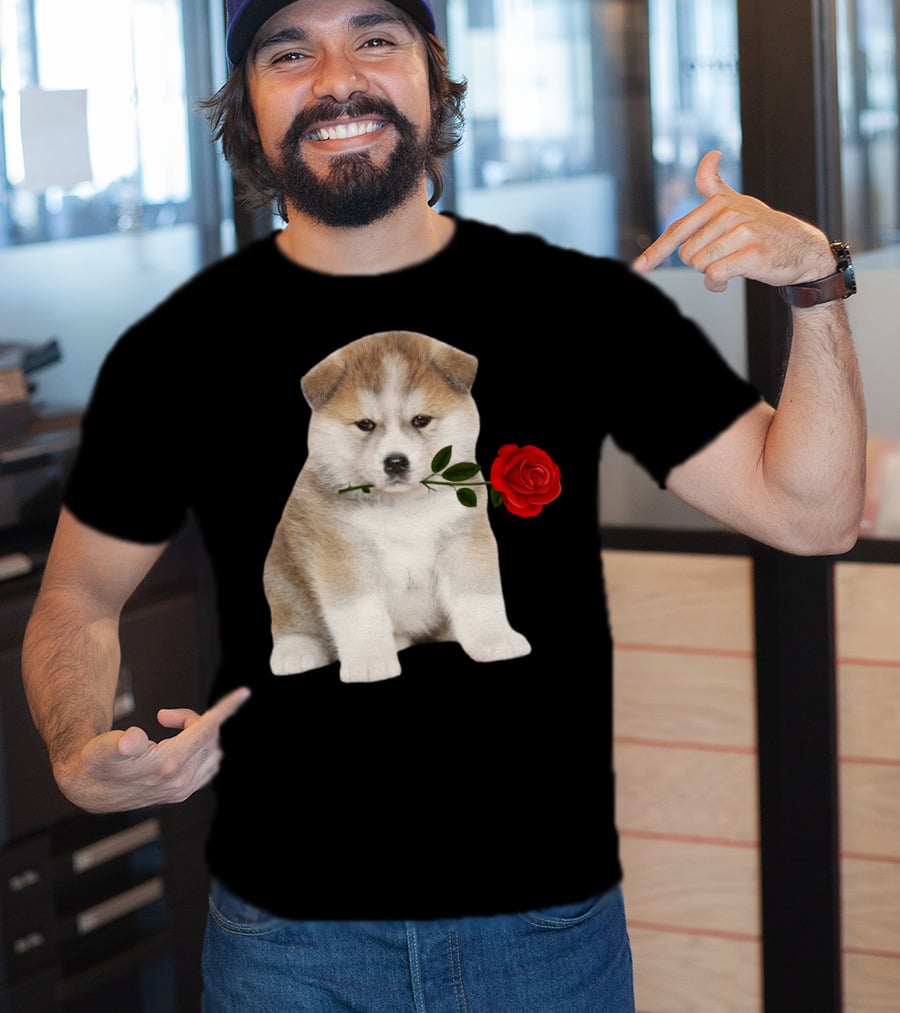 Akita Puppy Holding Red Rose T-Shirt