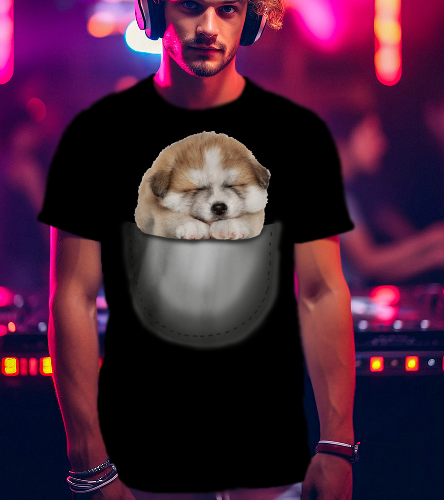 Sleeping Akita Puppy In Pocket T-Shirt