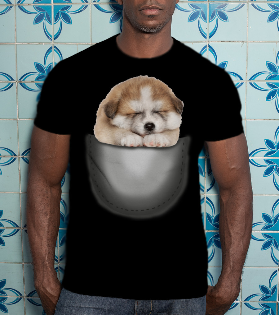 Sleeping Akita Puppy In Pocket T-Shirt