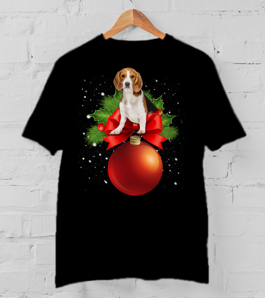 Beagle Red Christmas Ornament With Holly And Snowflakes T-Shirt