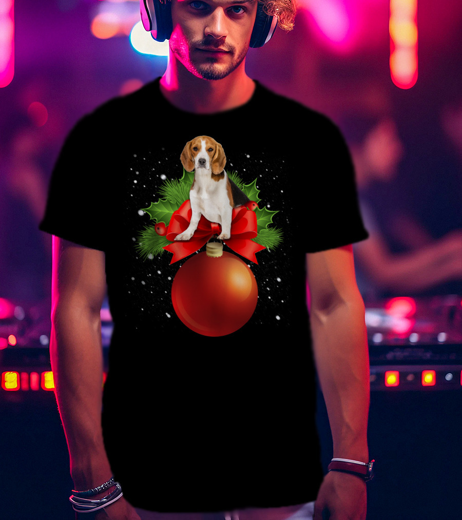 Beagle Red Christmas Ornament With Holly And Snowflakes T-Shirt