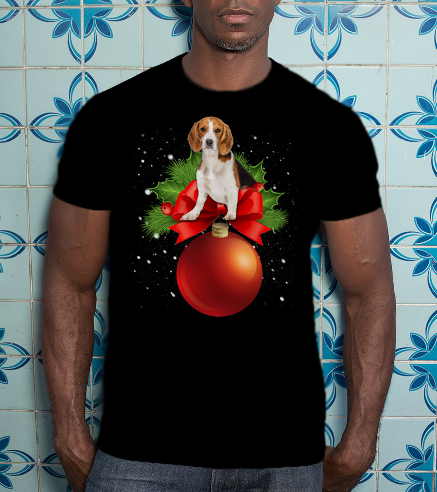 Beagle Red Christmas Ornament With Holly And Snowflakes T-Shirt