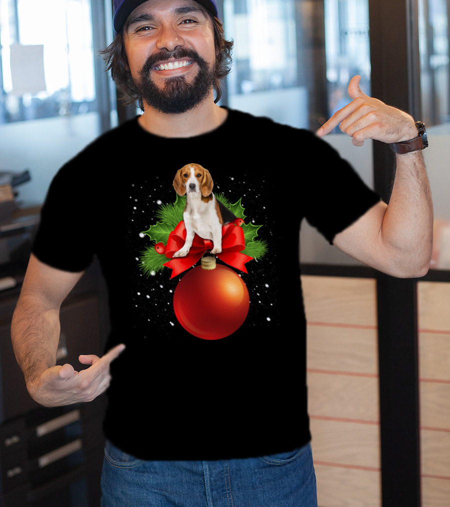 Beagle Red Christmas Ornament With Holly And Snowflakes T-Shirt