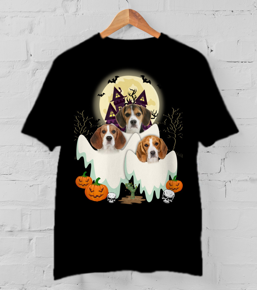 Beagle Halloween Ghosts Haunted House Pumpkins Bats Moon T-Shirt