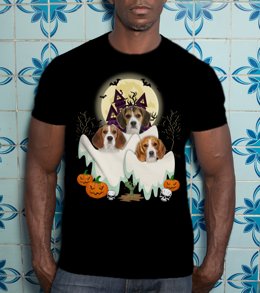 Beagle Halloween Ghosts Haunted House Pumpkins Bats Moon T-Shirt