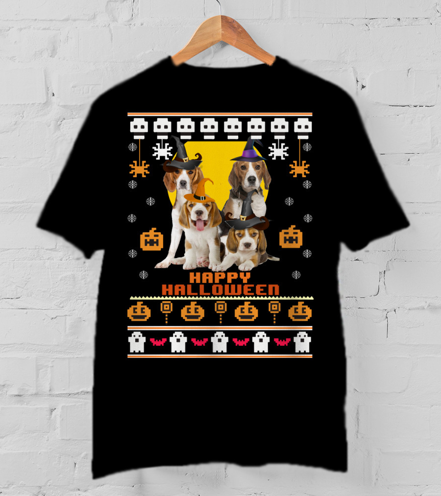 Beagle Happy Halloween Witch Hats And Pixelated Ghosts T-Shirt