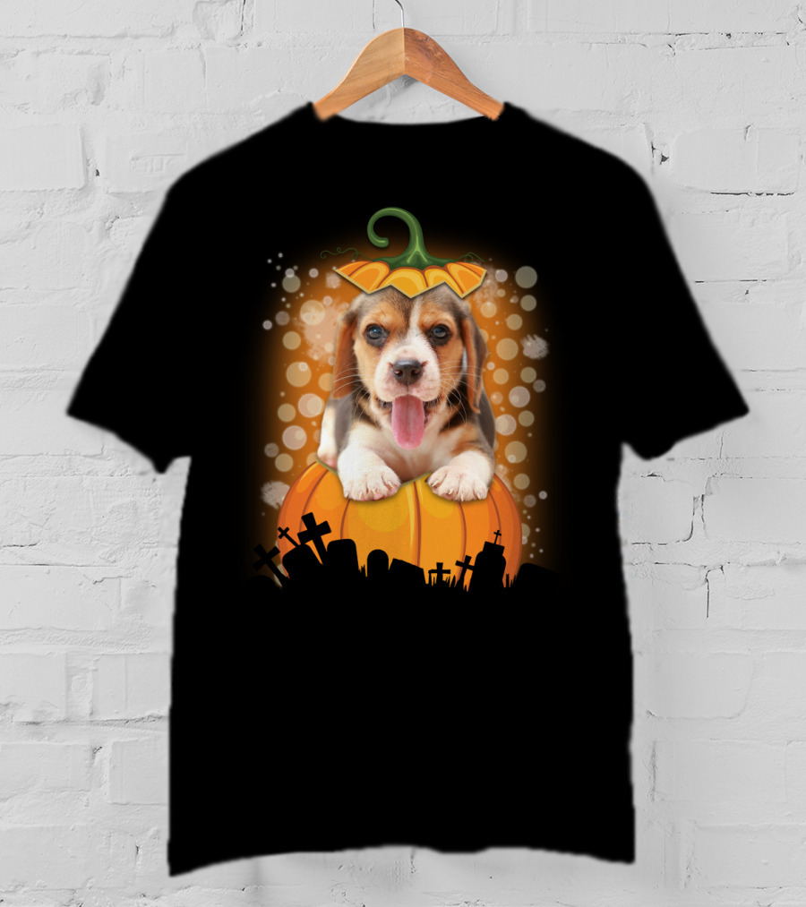 Beagle Puppy On Halloween Pumpkin Graveyard Scene T-Shirt