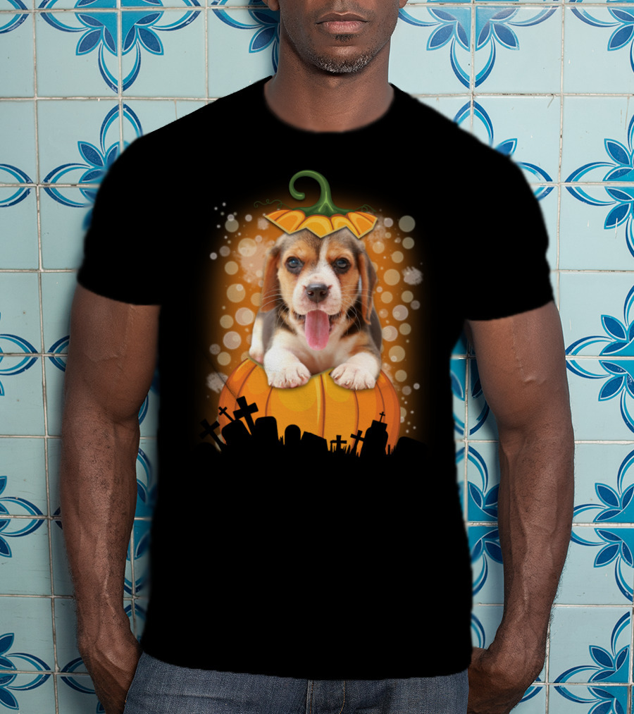 Beagle Puppy On Halloween Pumpkin Graveyard Scene T-Shirt