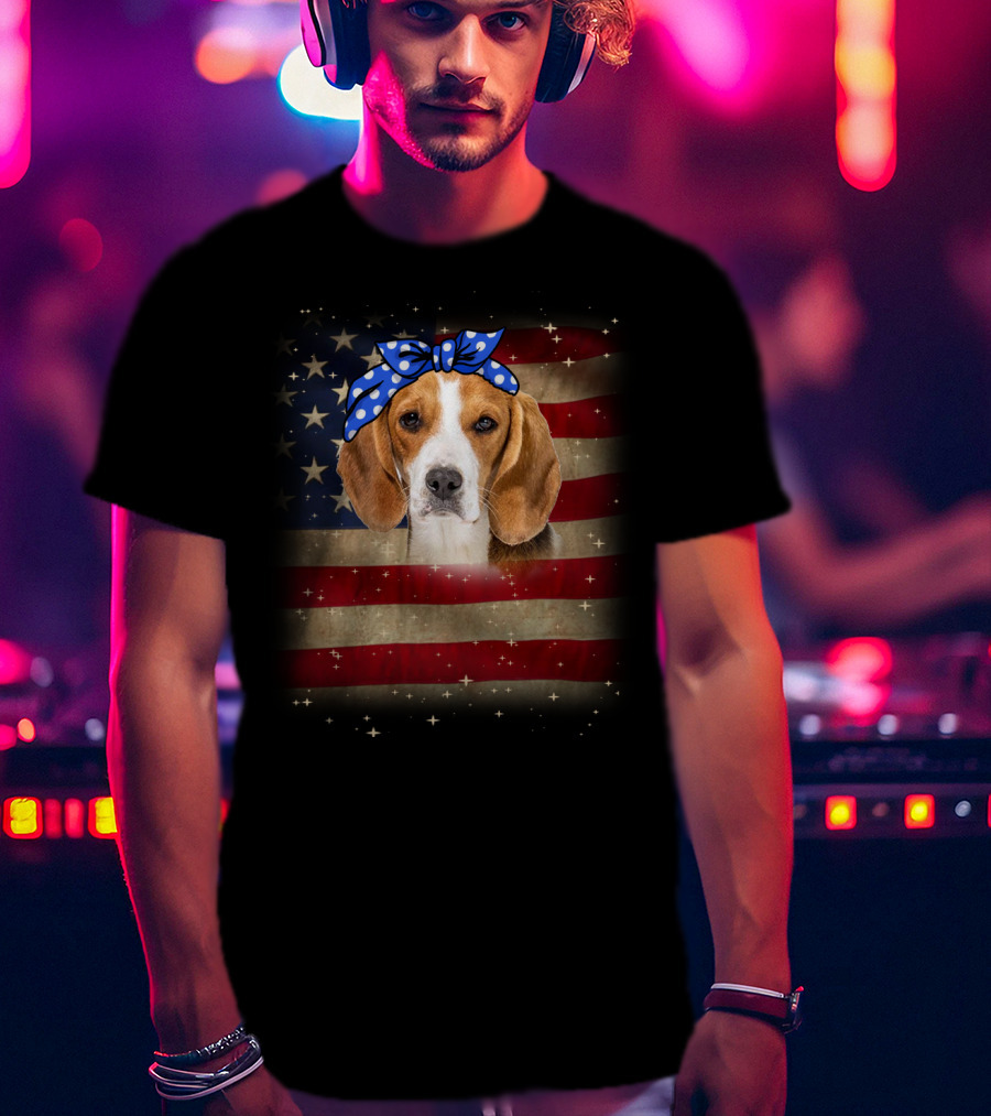 Beagle With Blue Polka Dot Bow On American Flag Background T-Shirt