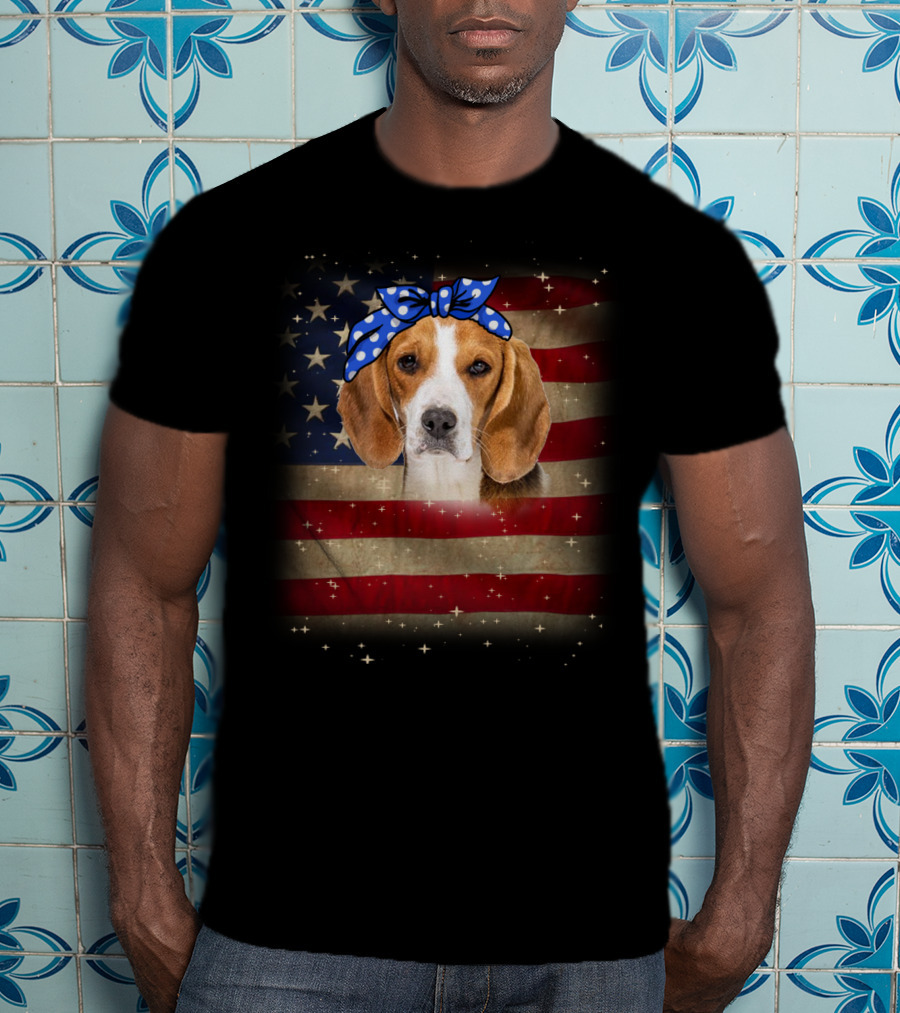 Beagle With Blue Polka Dot Bow On American Flag Background T-Shirt