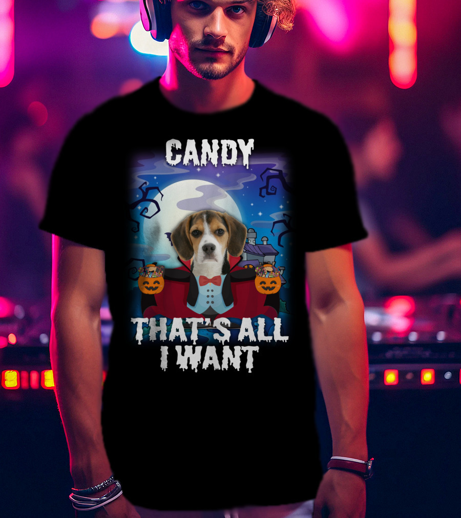 Candy Beagle Halloween Moonlit Mansion With Pumpkins T-Shirt