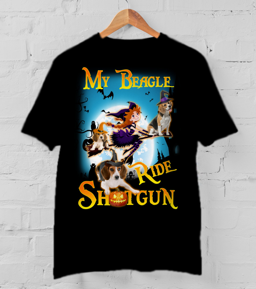 My Beagle Ride Shotgun Witch Halloween Beagle Bats Moon Jack O Lantern T-Shirt