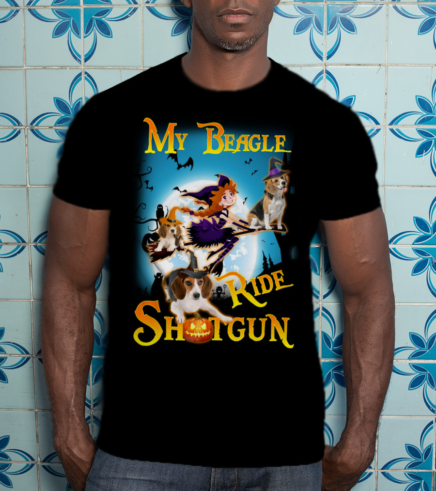 My Beagle Ride Shotgun Witch Halloween Beagle Bats Moon Jack O Lantern T-Shirt